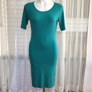 LULAROE “Julia” teal with grey stripes dress